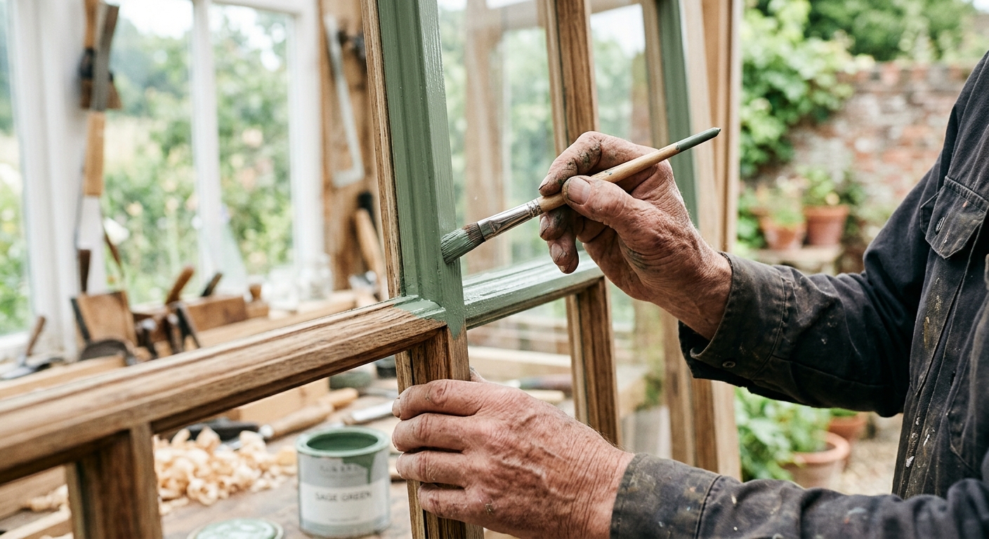 Detailarbeit mit Pinsel am Fensterrahmen